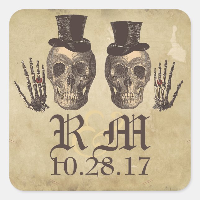 Gothic Skull gay couple Day of Dead Wedding Square Sticker (Front)