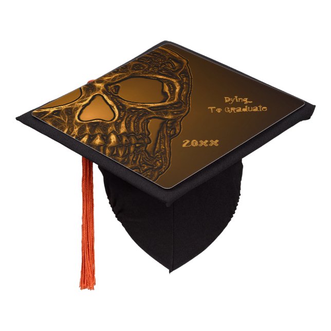 Gothic Skull Gold Modern Stylish Elegant Graduation Cap Topper (Angled)