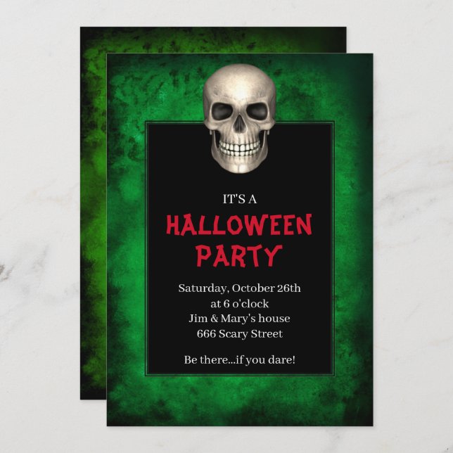 Gothic Skull Green Grunge Halloween Party Invitation (Front/Back)