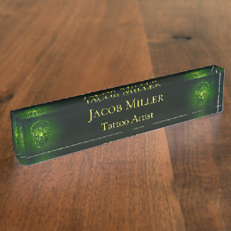 Gothic Skull Green Neon Metallic Tattoo Artist Nameplate