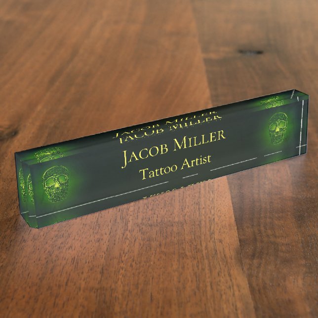 Gothic Skull Green Neon Metallic Tattoo Artist Nameplate (Side)