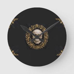 Gothic Skull Halloween Garden Flag Black Gold  Round Clock