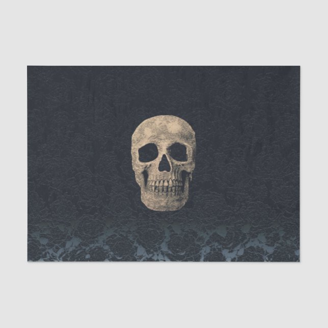 Gothic Skull Head Beige Black Navy Blue Floral Tissue Paper (Front)