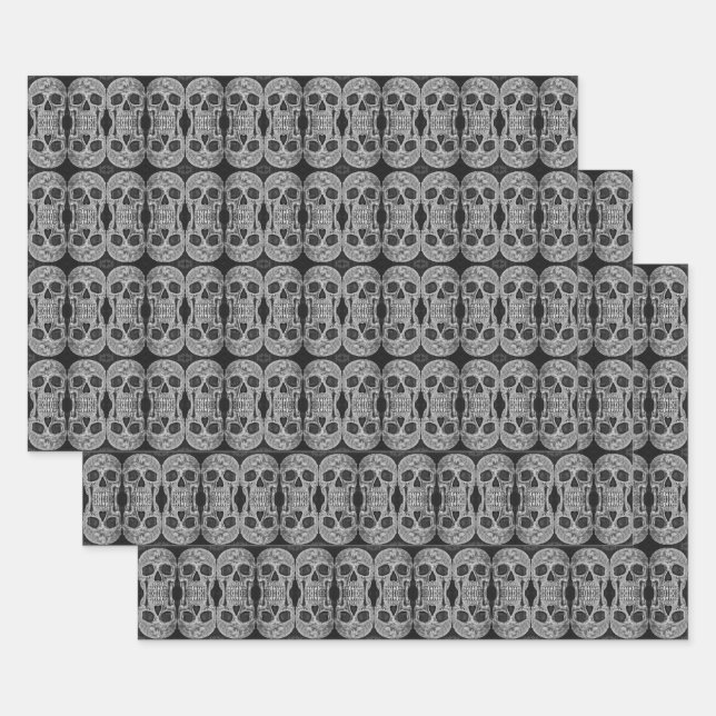 Gothic Skull Head Black And White Abstract Pattern Wrapping Paper Sheet (Set)