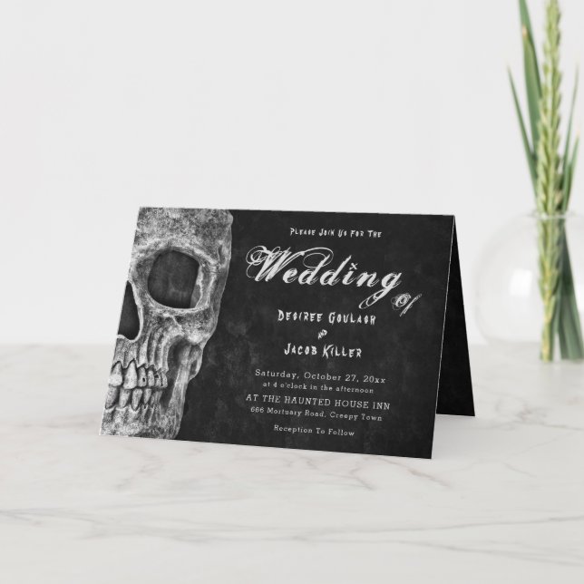 Gothic Skull Head Black And White Hallowedding Invitation (Front)