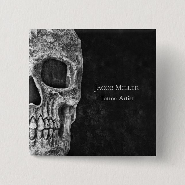 Gothic Skull Head Black And White Tattoo Shop 2 Inch Square Button (Front)