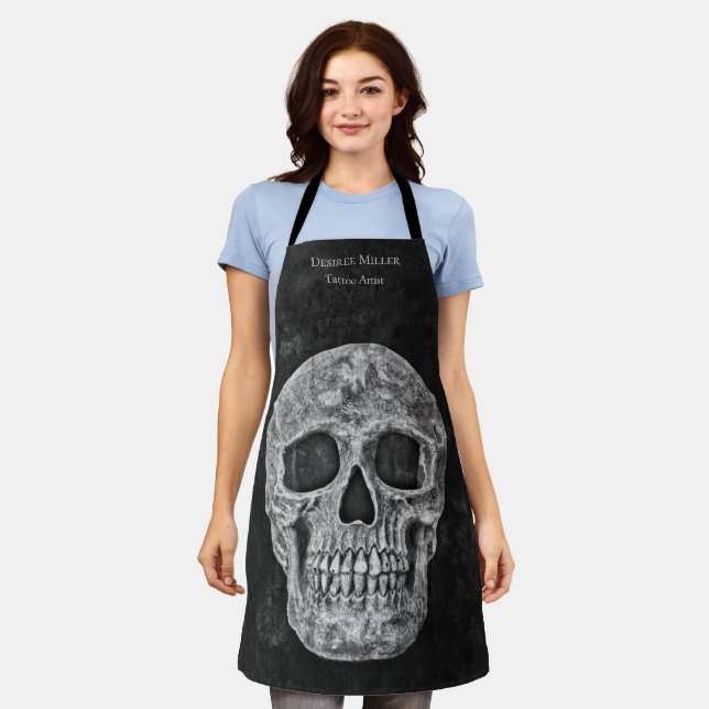 Gothic Skull Head Black And White Tattoo Shop Apron (Worn)