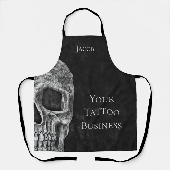 Gothic Skull Head Black And White Tattoo Shop Apron (Front)