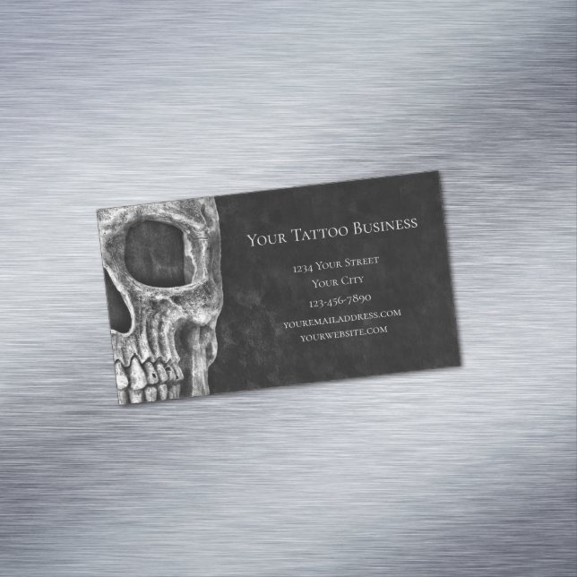 Gothic Skull Head Black And White Tattoo Shop Magnetic Business Card (In Situ)