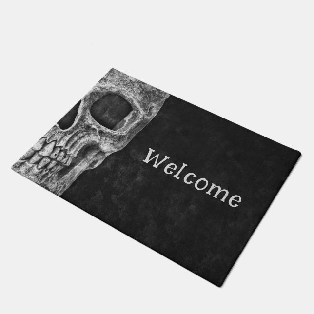 Gothic Skull Head Black And White Welcome Doormat (Angled)