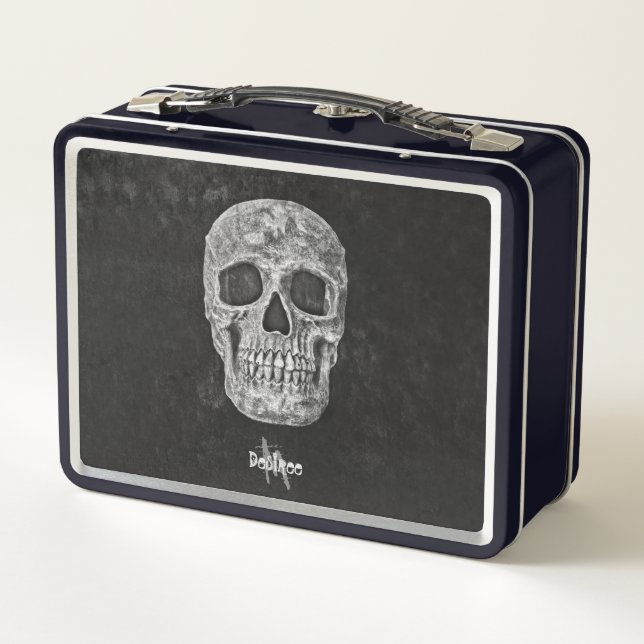 Gothic Skull Head Black White Retro Style Monogram Metal Lunch Box (Back)