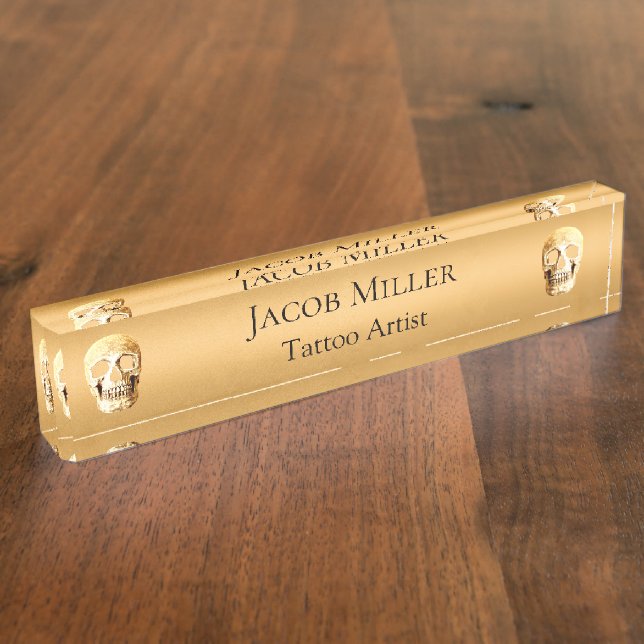 Gothic Skull Head Gold White Tattoo Shop Nameplate (Side)