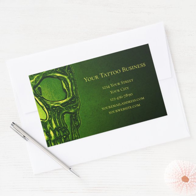 Gothic Skull Head Green Neon Metallic Tattoo Shop Sticker (Envelope)