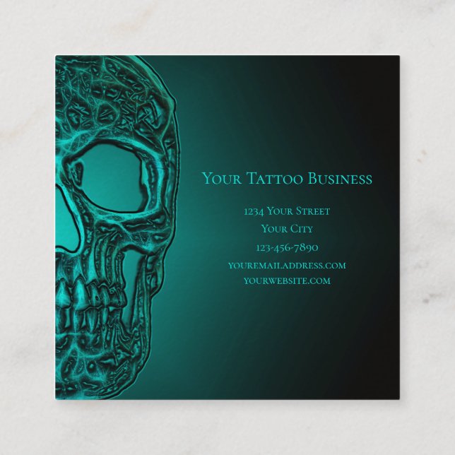 Gothic Skull Head Metallic Teal Green Tattoo Shop Square Business Card (Back)