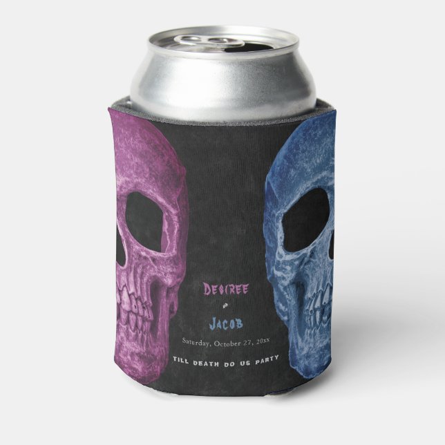 Gothic Skull Head Pink Blue Hallowedding Can Cooler (Can Back)