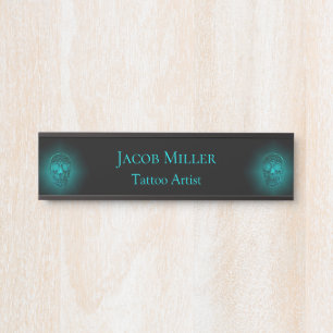 Gothic Skull Head Teal Green Tattoo Shop Door Sign