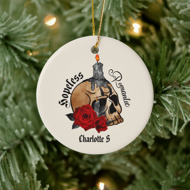 Gothic Skull Hopeless Romantic Ceramic Ornament (Tree)