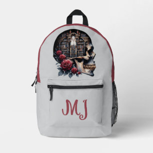 Gothic Skull Library Books Red Roses Personalized Printed Backpack