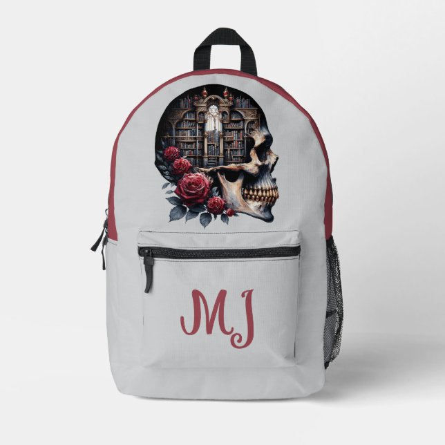 Gothic Skull Library Books Red Roses Personalized Printed Backpack (Front)