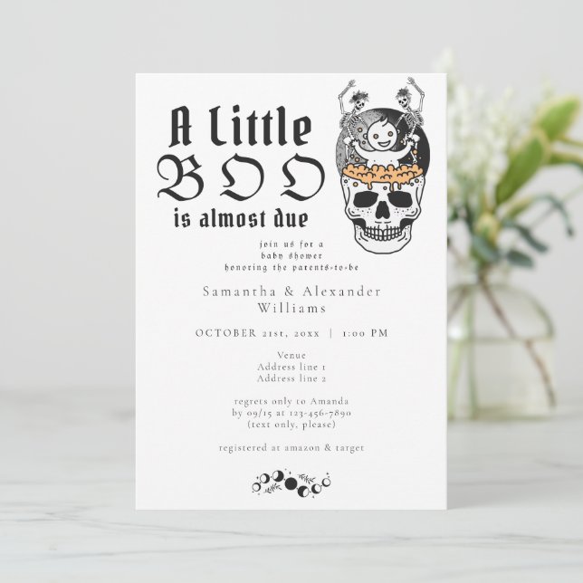 Gothic Skull Moon Little Boo Halloween Baby Shower Invitation (Standing Front)
