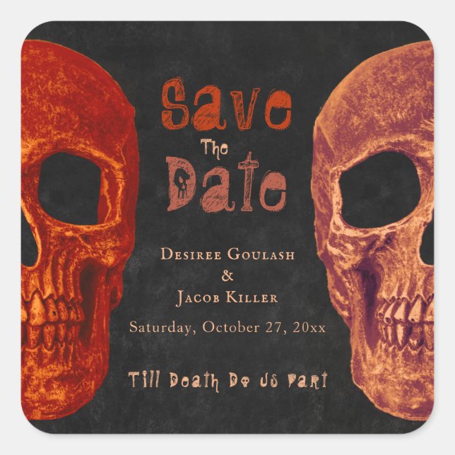 Gothic Skull Orange Black Save The Date Square Sticker (Front)