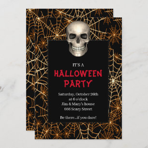 Gothic Skull Orange Spider Web Halloween Party Invitation