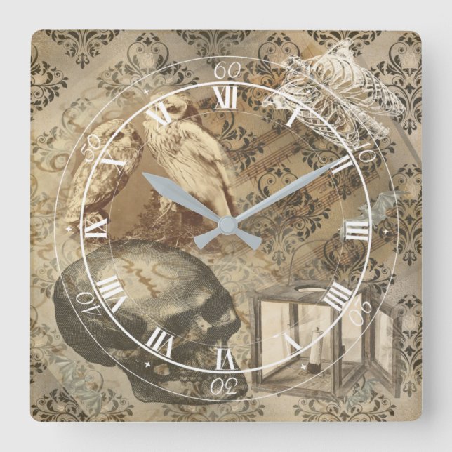 Gothic Skull, Owls and Candle Ephemera  Square Wall Clock (Front)