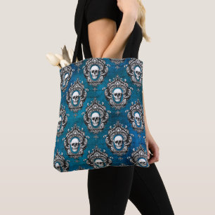 Gothic Skull Pattern on Blue Tote Bag