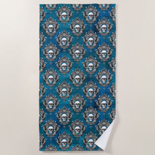 Gothic Skull Pattern on Royal Blue Beach Towel