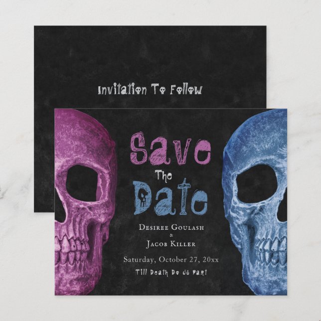 Gothic Skull Pink Blue Budget Save The Date (Front/Back)
