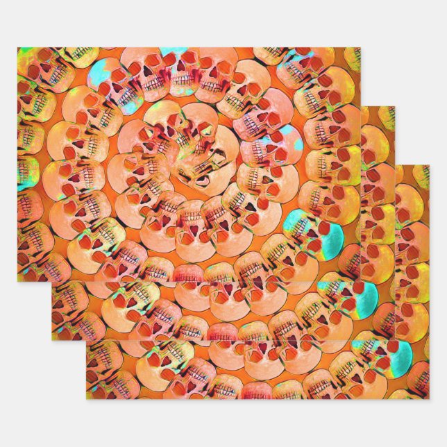 Gothic Skull Pop Art Orange Cool Spiral Pattern Wrapping Paper Sheet (Set)