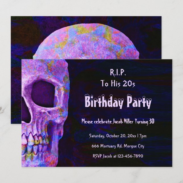 Gothic Skull Purple Birthday Party RIP To His 20s Invitation (Front/Back)
