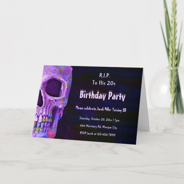 Gothic Skull Purple Birthday Party RIP To His 20s Invitation (Front)