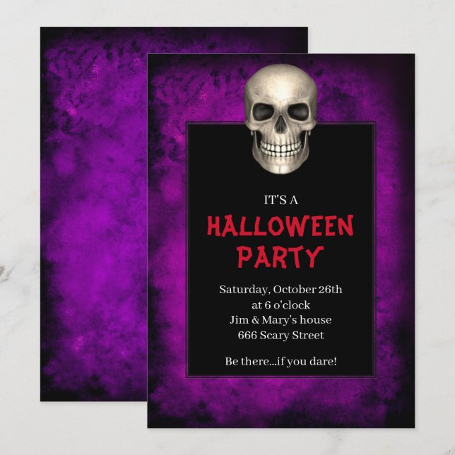 Gothic Skull Purple Grunge Halloween Party Invitation (Front/Back)