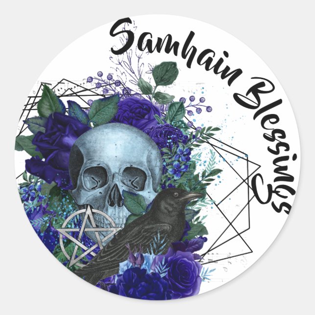 Gothic Skull & Raven Purple Samhain Blessings Classic Round Sticker (Front)
