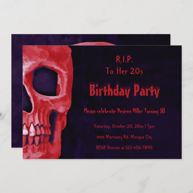 Gothic Skull Red Birthday RIP To Her 20s Invitation (Front/Back)