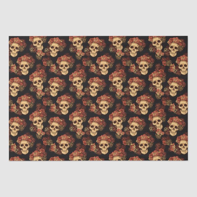 Gothic Skull Red Rose Black Halloween Pattern Tissue Paper (Front)