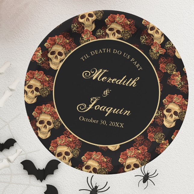 Gothic Skull Red Rose Black Halloween Wedding Paper Plate (Creator Uploaded)