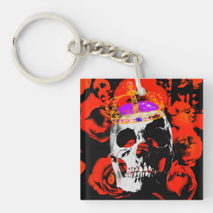 Gothic Skull Red Roses Keychain