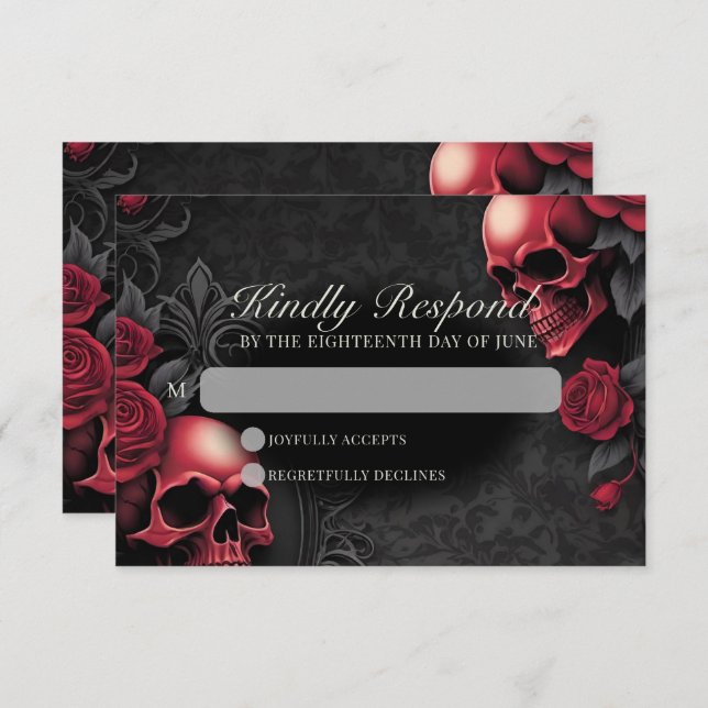 Gothic Skull & Rose Elegant Dark Wedding RSVP Card (Front/Back)