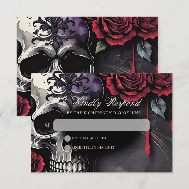 Gothic Skull & Rose Elegant Dark Wedding RSVP Card (Front/Back)