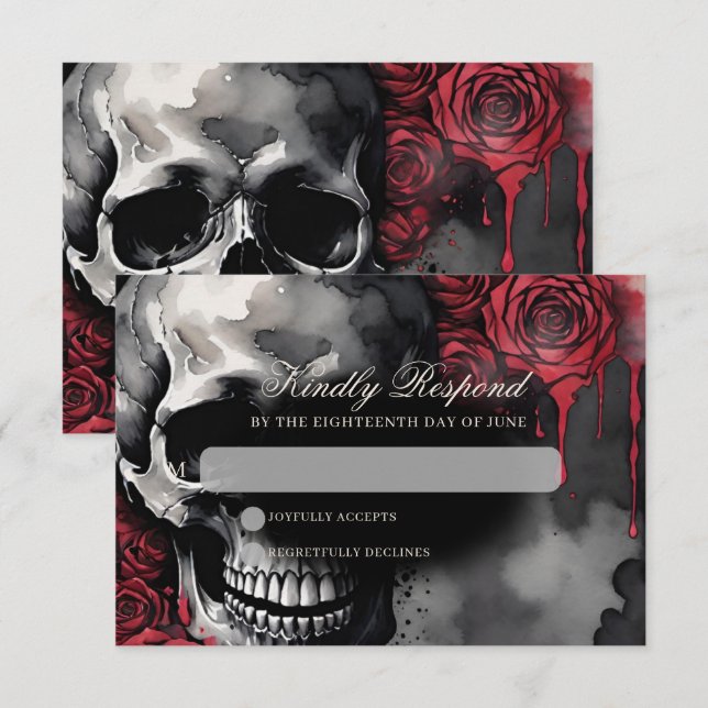 Gothic Skull & Rose Elegant Dark Wedding RSVP Card (Front/Back)
