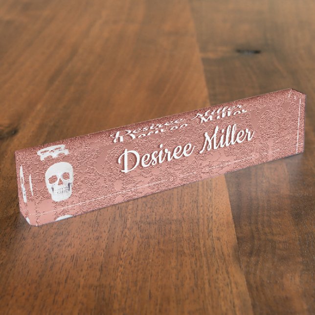 Gothic Skull Rose Gold White Modern Elegant Floral Nameplate (Side)