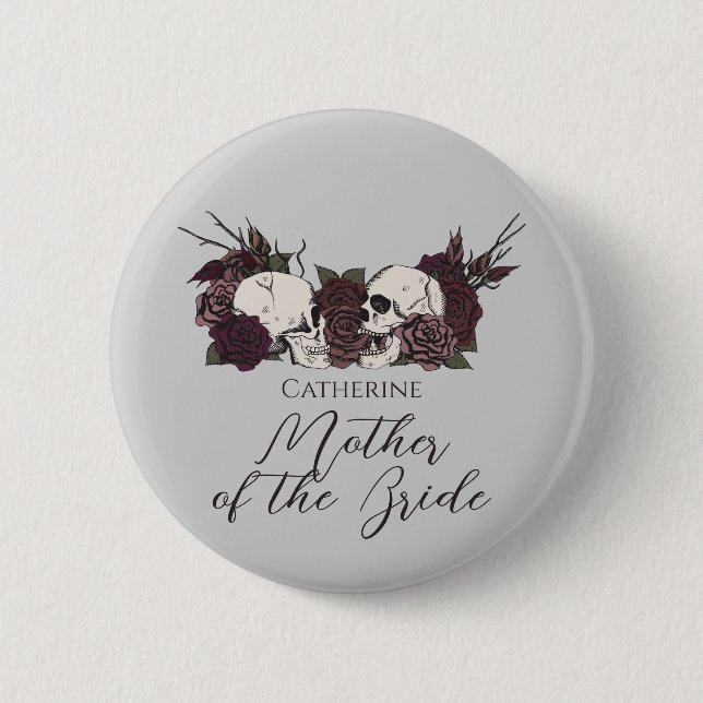 Gothic Skull & Rose Light Gray Wedding Party 2 Inch Round Button (Front)