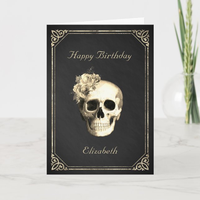 Gothic Skull Rose Personalized Birthday  Card (Front)