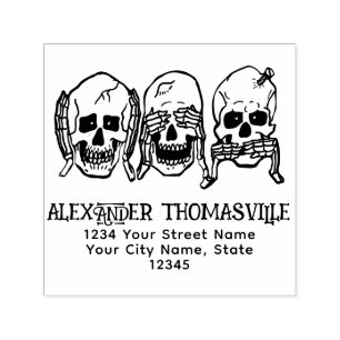 Gothic Skull See Hear Speak No Evil Name Address Self-inking Stamp