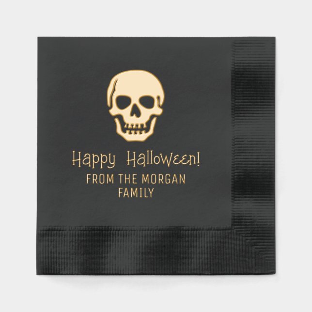Gothic Skull Silhouette Happy Halloween Name Foil Napkins (Front)