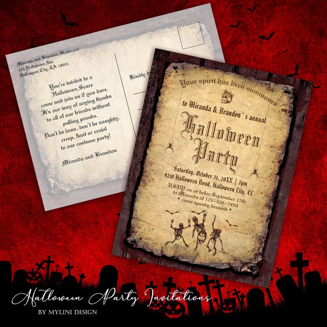 Gothic Skull Skeletons Bats Halloween Party Invite Postcard (Creator Uploaded)
