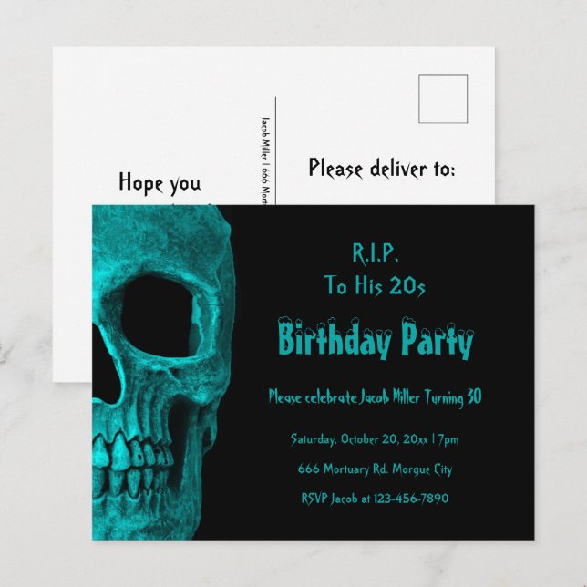 Gothic Skull Teal Black Birthday RIP To His 20s Invitation Postcard (Front/Back)