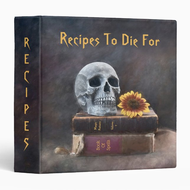Gothic Skull Vintage Books Yellow Sunflower Recipe Binder (Front/Spine)